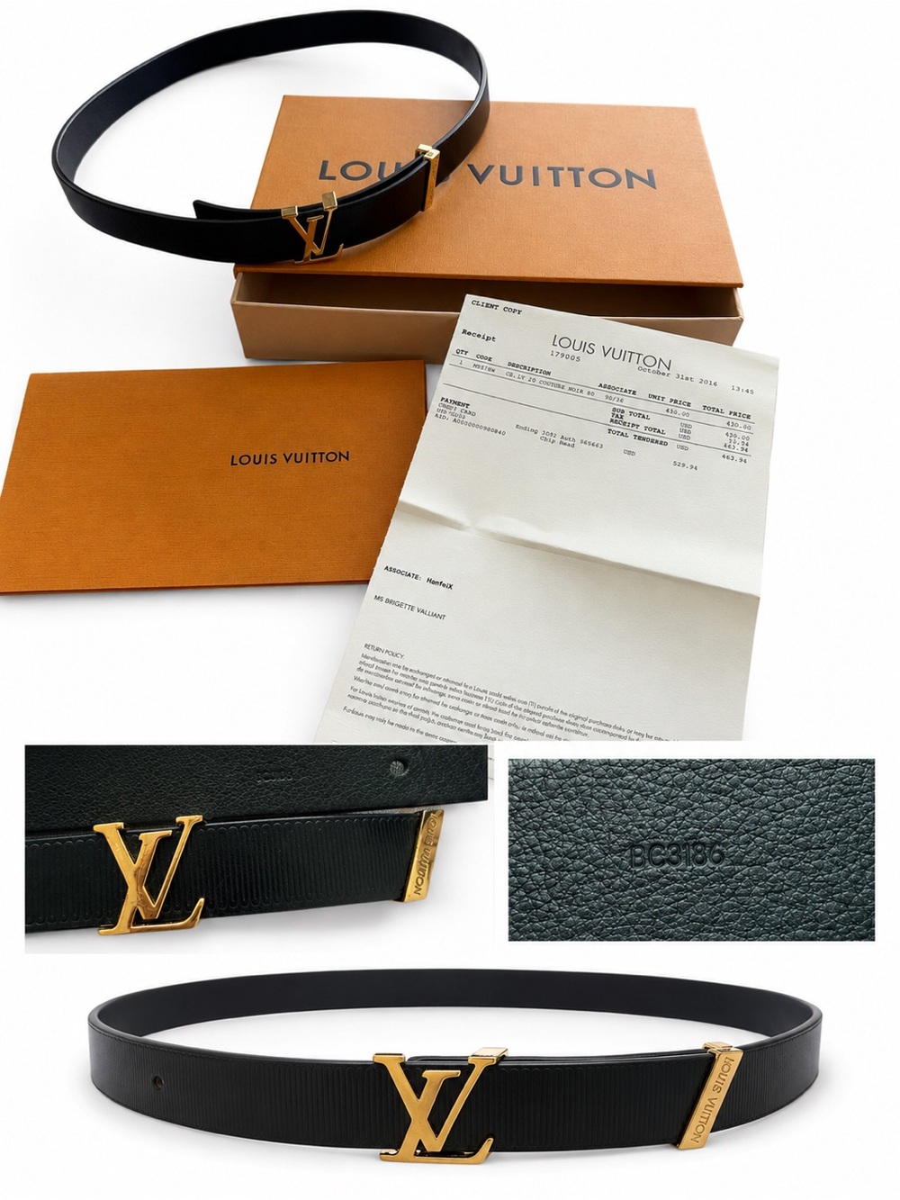 Louis Vuitton Black Epi Leather Belt with Gold LV Buckle